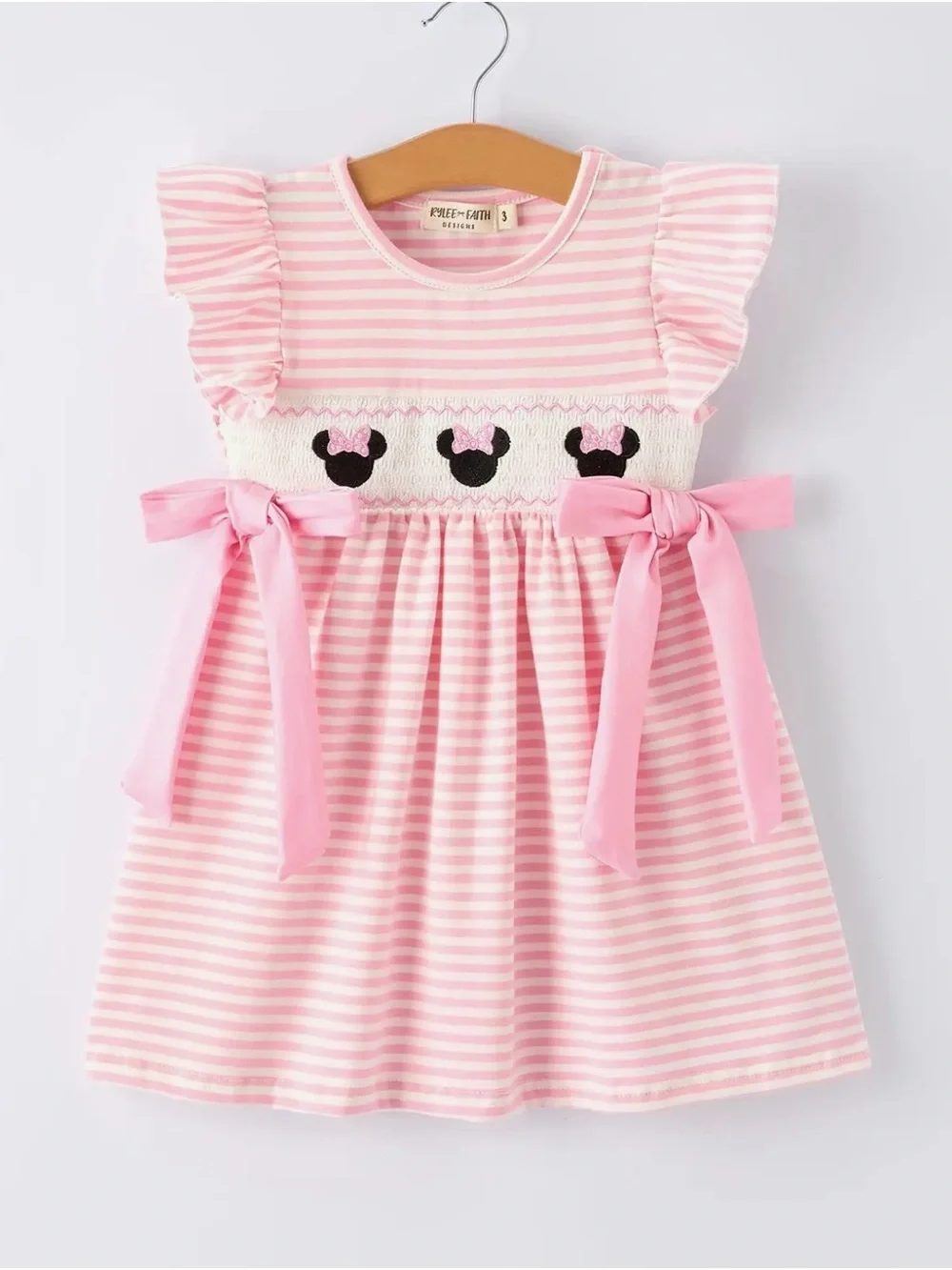 Rylee Faith Stripe Girls Dress Bow Smocked Ruffle Dress